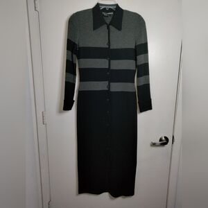 Nina Patrick (Size S) Black & Gray Stripe Wool Blend Button Down Front LS  Dress